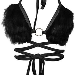 Elegant Black Faux Fur Strappy Bra